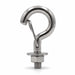Polished stainless steel M8 spring snap hook with threaded bolt, flat washer and hex nut, fully assembled and displayed on a clean white background