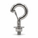 Polished stainless steel M8 spring snap hook with threaded bolt, flat washer and hex nut, fully assembled and displayed on a clean white background