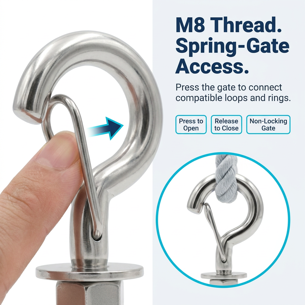 M8 threaded stainless steel spring snap hook spring-gate access demonstration, finger pressing the safety gate to open, illustrating press to open, release to close, non-locking gate design with rope hanging application example