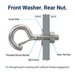 Cross-section assembly diagram of M8 stainless steel spring snap hook for through-panel mounting, labeling hook side, front Ø22×2mm threaded round washer, and rear hex nut for secure thread engagement