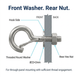 Cross-section assembly diagram of M8 stainless steel spring snap hook for through-panel mounting, labeling hook side, front Ø22×2mm threaded round washer, and rear hex nut for secure thread engagement
