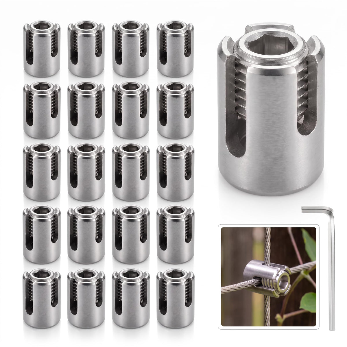 20 pack of polished stainless steel cable railing clamp anchors with hex wrench, including product array, enlarged close-up detail and outdoor installation example on steel wire rope, displayed on clean white background for deck cable railing systems