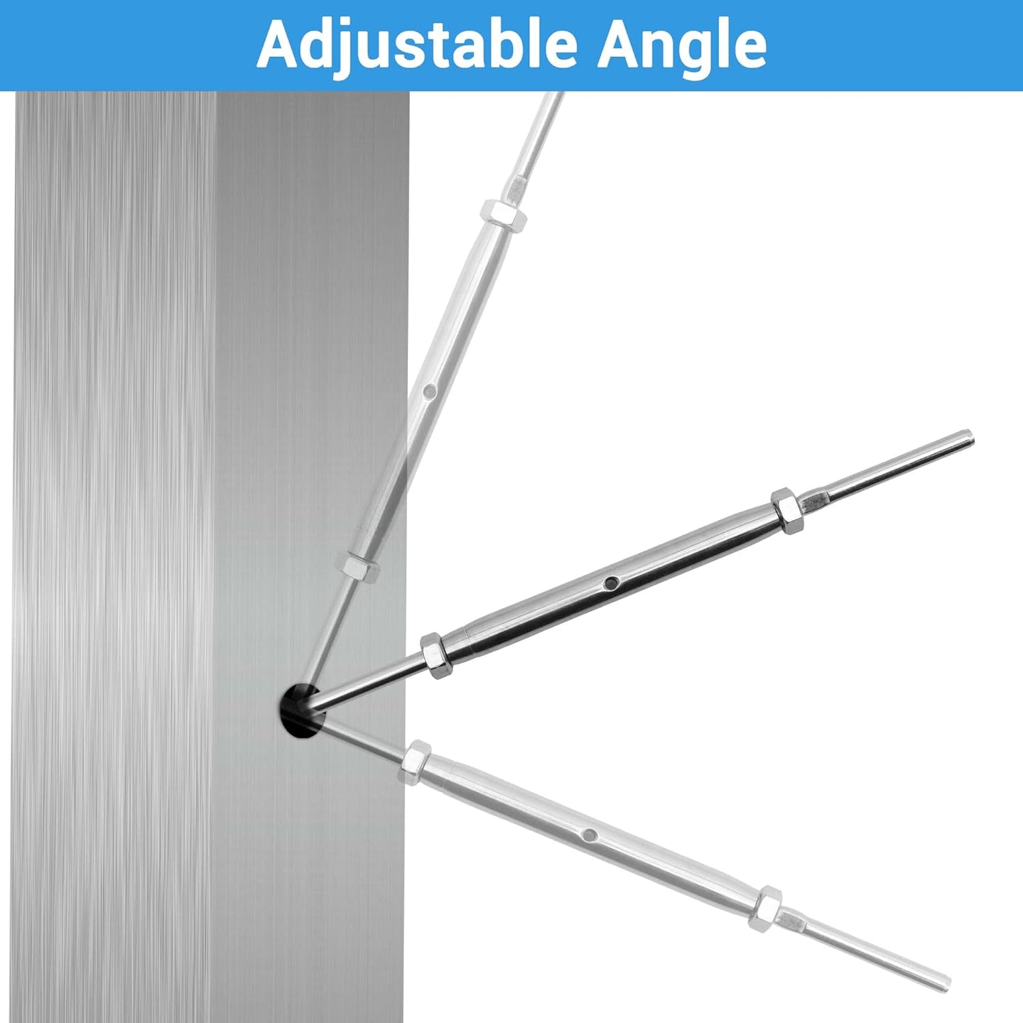 Silver blade toggle turnbuckle adjusting to steep angle for stair cable railing