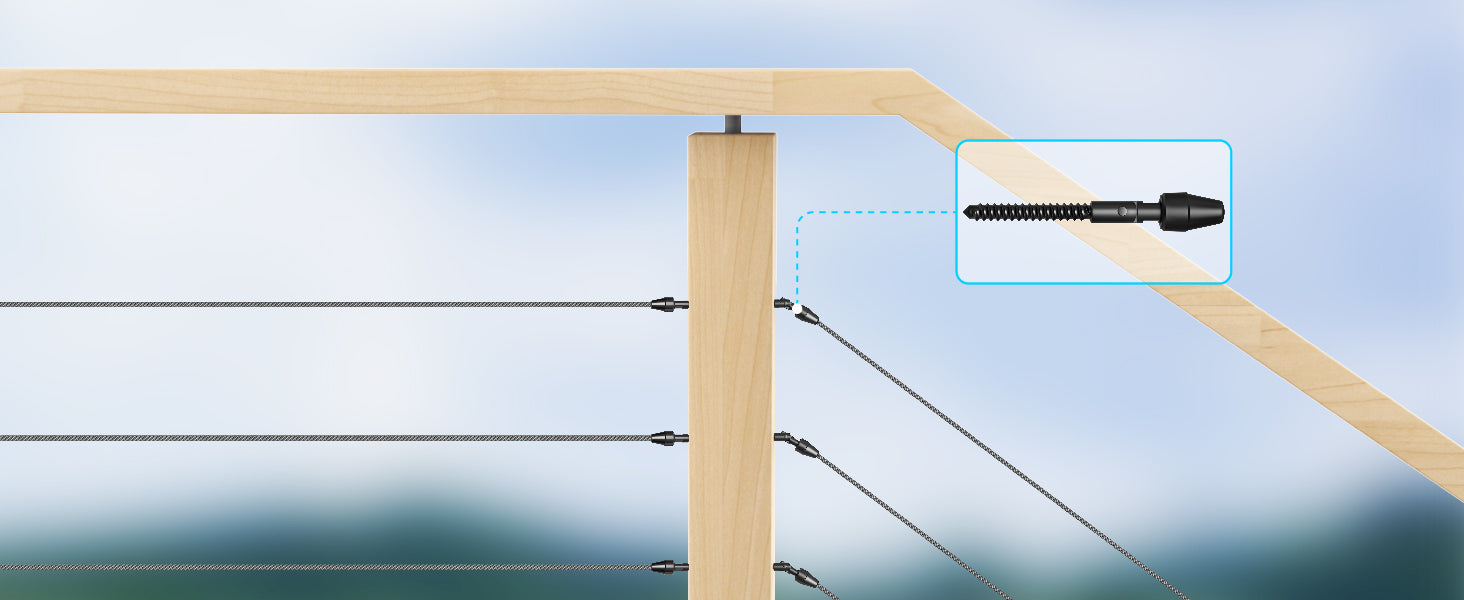 Adjustable Quick-Lock cable railing fittings for stairs and angled wood post railing sections