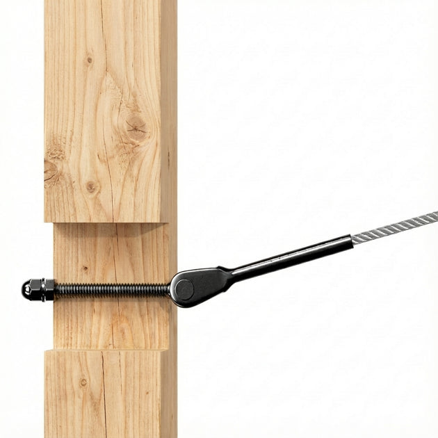 Black adjustable swage turnbuckle installed on a wood post for cable railing.