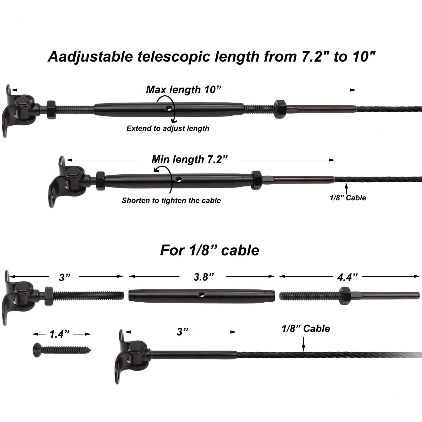 Adjustable telescopic length from 7.2 inches to 10 inches for the RiaYer black toggle turnbuckle.
