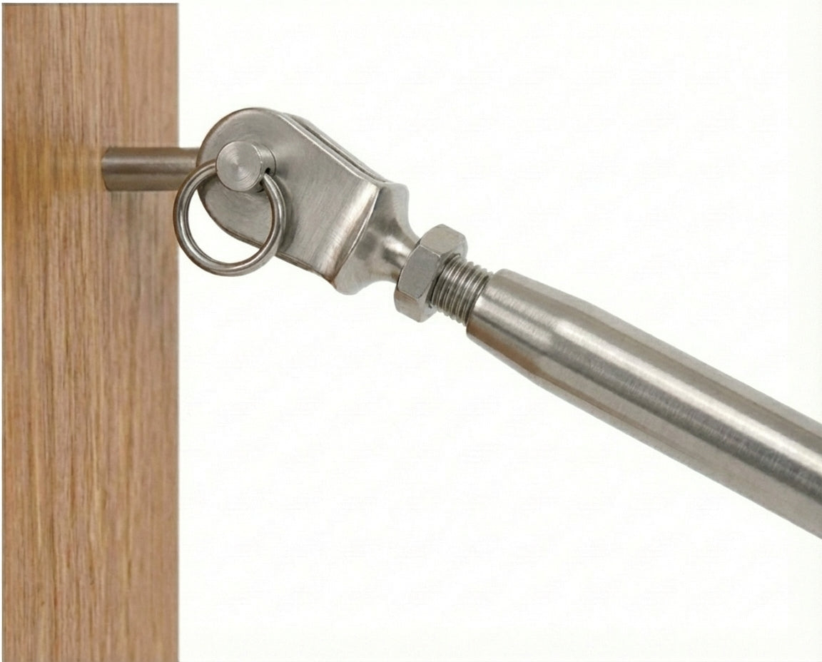Close up of RiaYer toggle turnbuckle installed on a wood post using an eye lag screw.