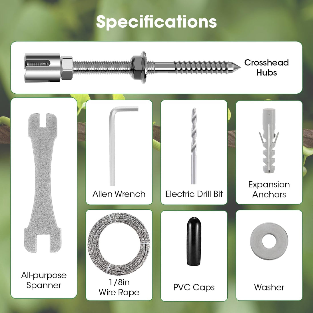 Complete specifications and included hardware for the adjustable wire trellis green wall kit