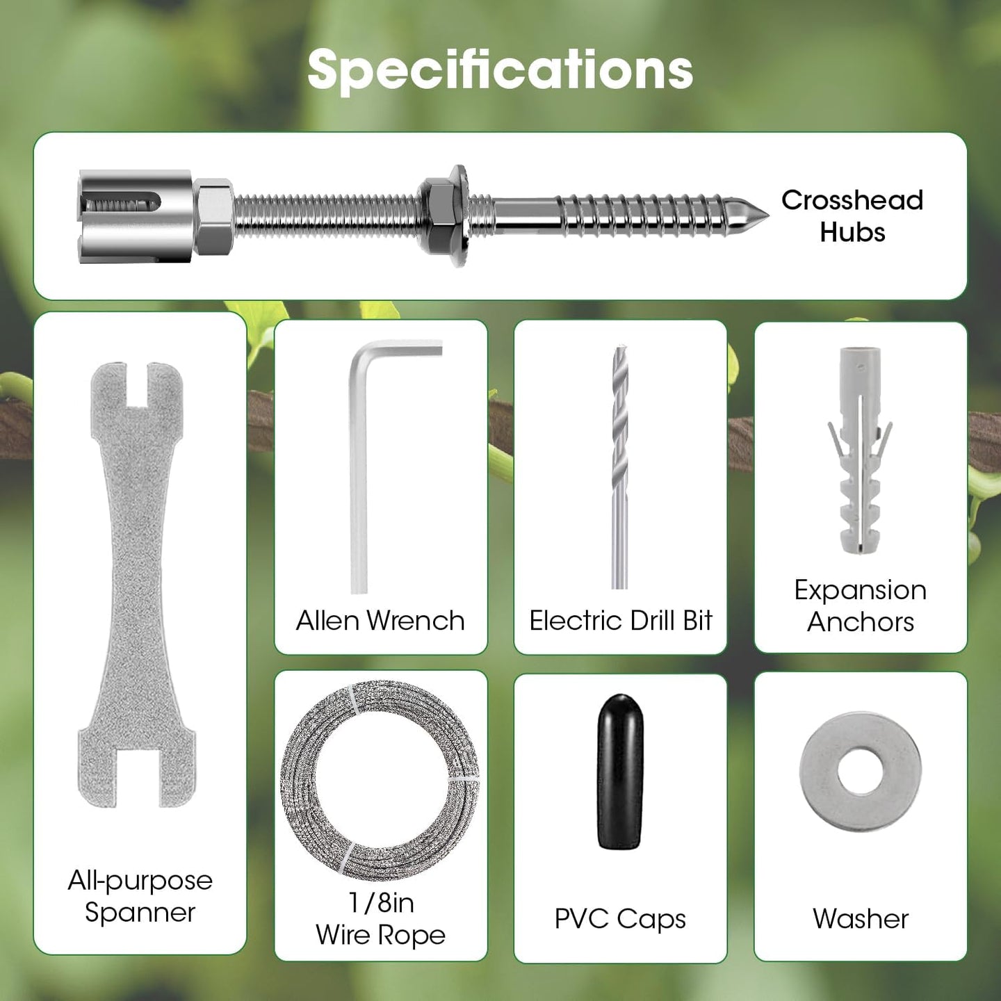 Complete specifications and included hardware for the adjustable wire trellis green wall kit