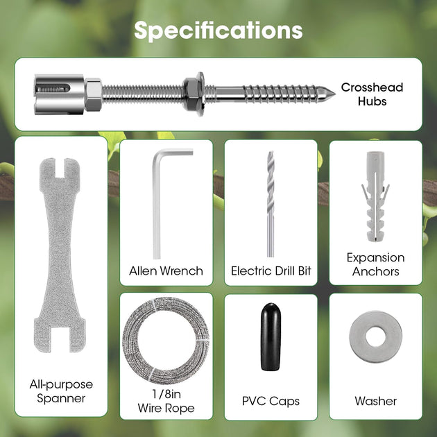 Complete specifications and included hardware for the adjustable wire trellis green wall kit
