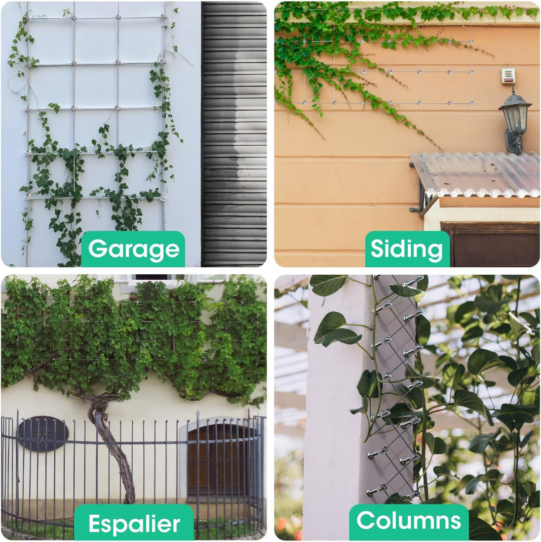 Applications of adjustable wire trellis system on garage siding fences and brick columns