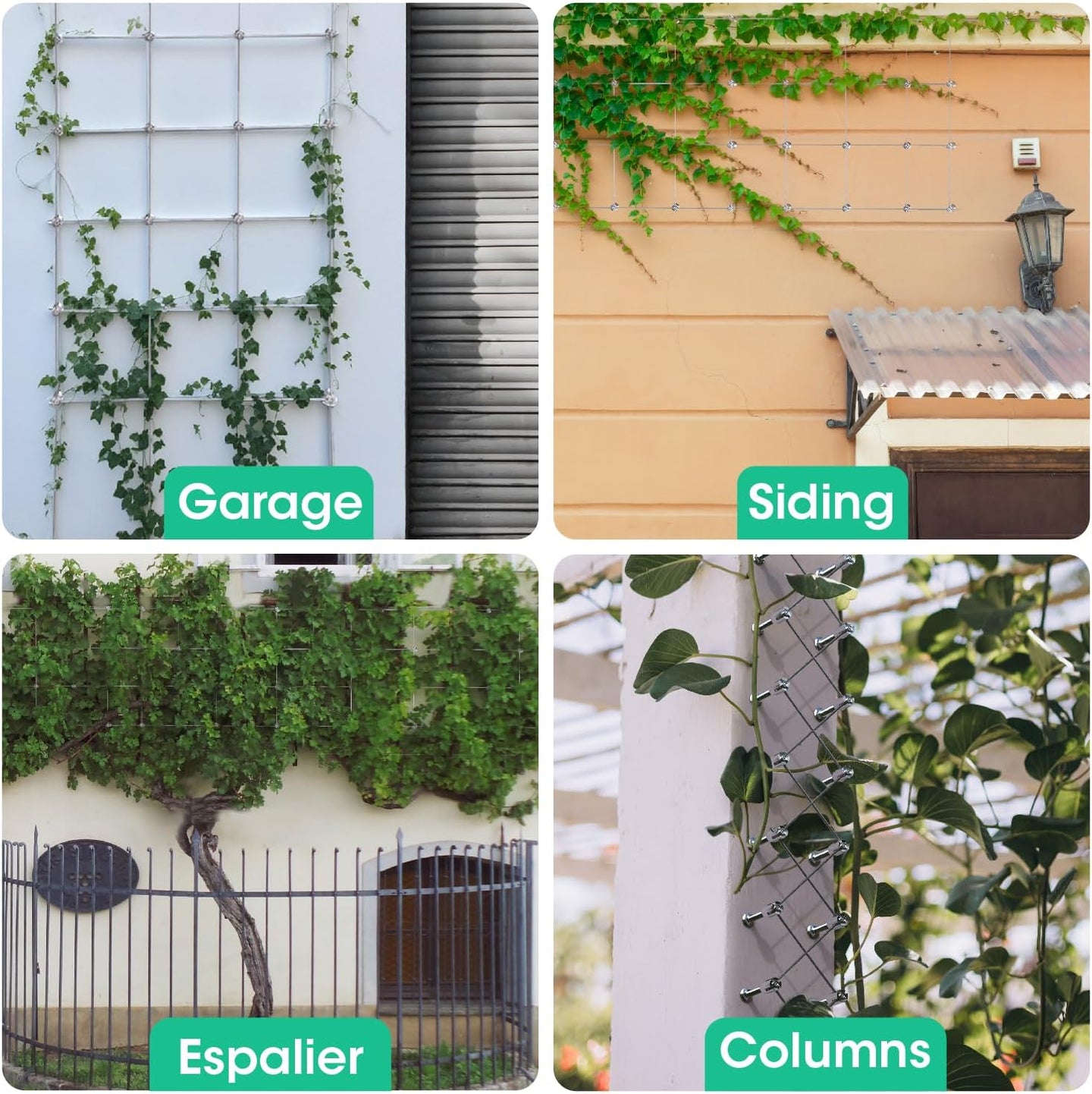 Applications of adjustable wire trellis system on garage siding fences and brick columns