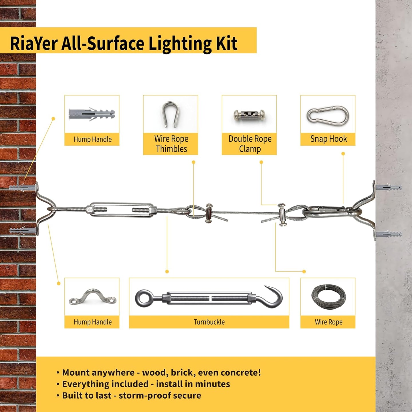Informative layout guide for installing string light hanging hardware across all outdoor surfaces, including timber beams and masonry brick walls.