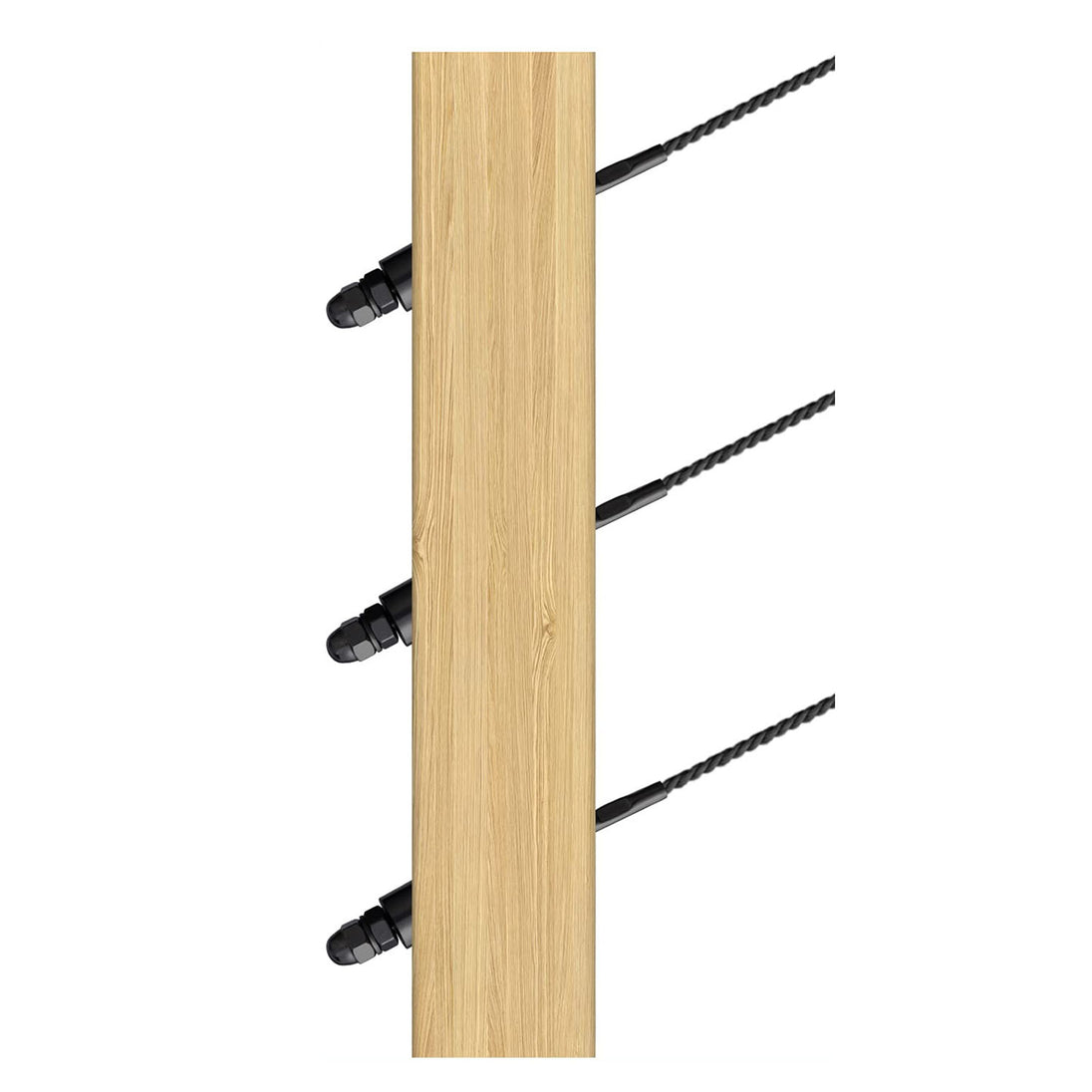 Diagram showing how RiaYer beveled washers provide a flat surface for tensioners on sloped stair posts.