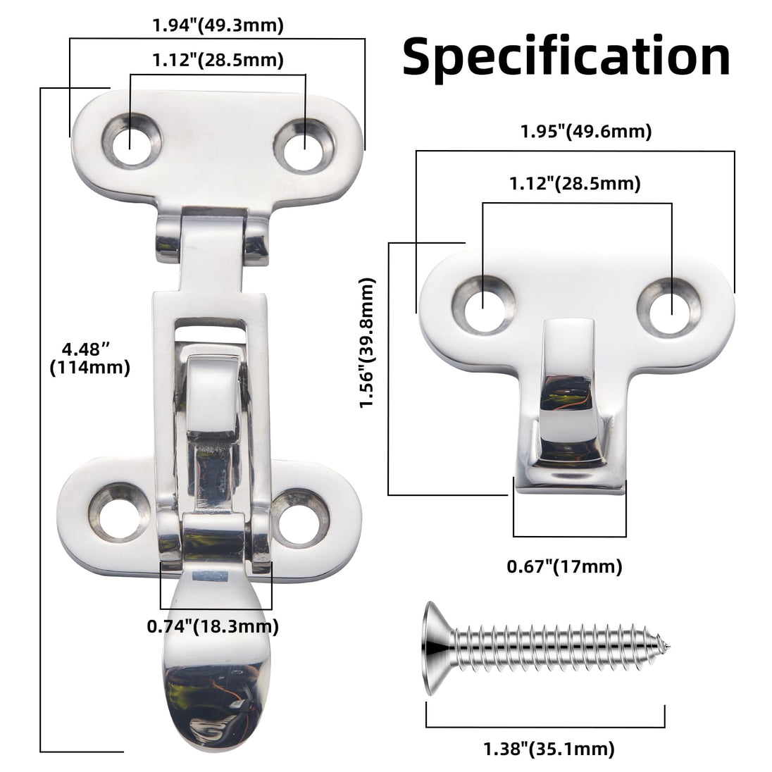 Technical specifications and dimensions for RiaYer marine hatch latch hardware.