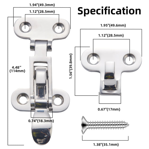 Technical specifications and dimensions for RiaYer marine hatch latch hardware.