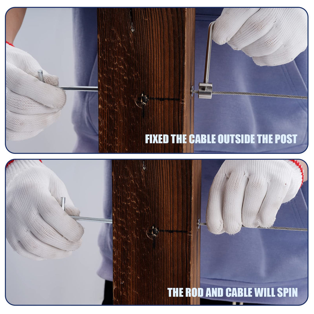 Using the RiaYer anti-spin tool to hold wire rope steady during cable railing installation on wood posts.