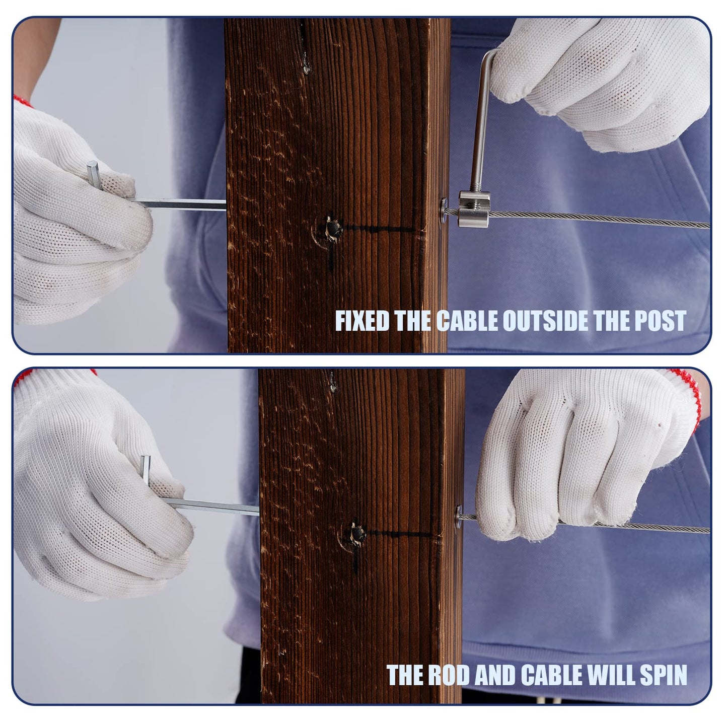 Using the RiaYer anti-spin tool to hold wire rope steady during cable railing installation on wood posts.