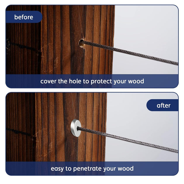 Before and after comparison graphic demonstrating the clean, minimalist look of a hidden invisible cable railing tensioner versus bulky traditional exterior turnbuckles.