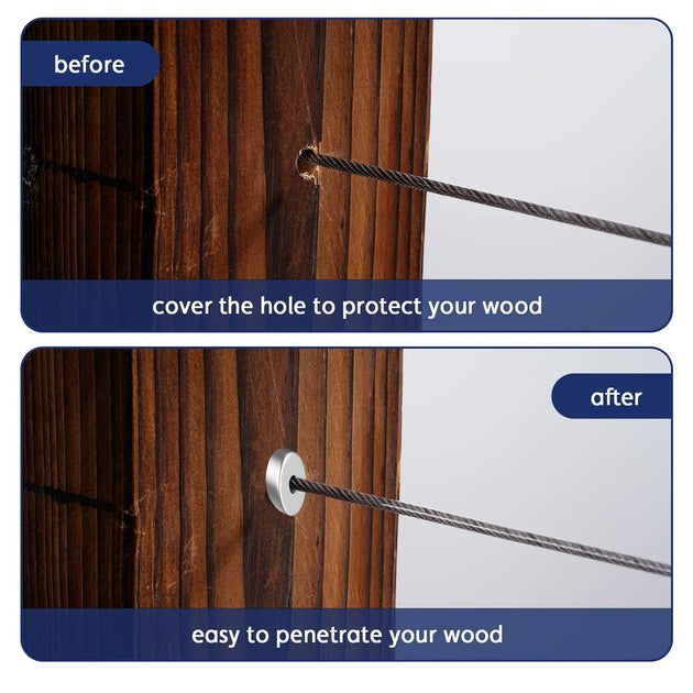 Before and after comparison showing how angled sleeves protect wood posts from cable friction.