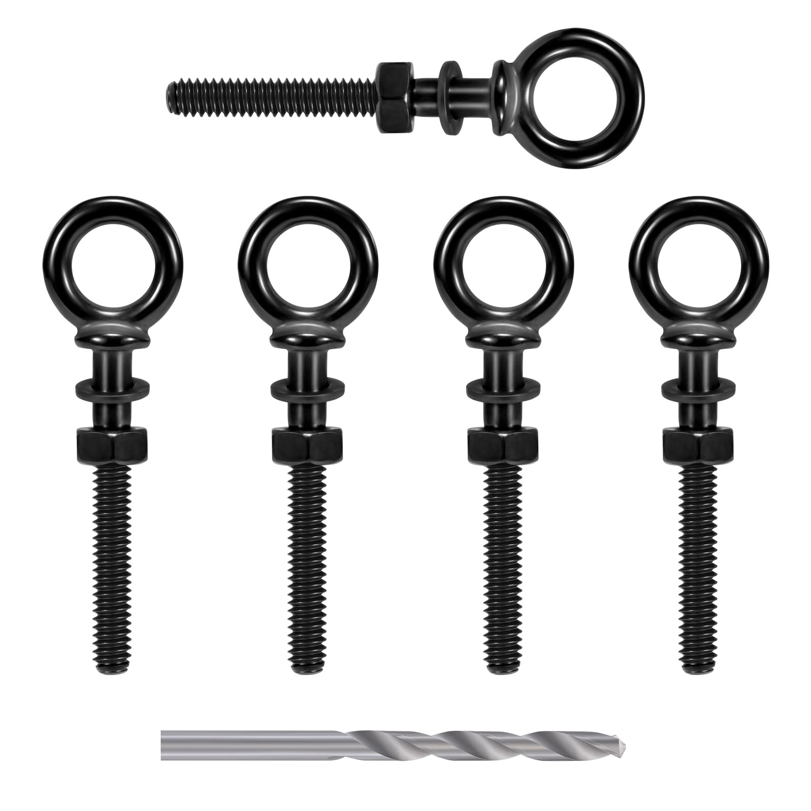Kit of RiaYer black 1/4 inch T316 stainless steel eye bolts with drill bit