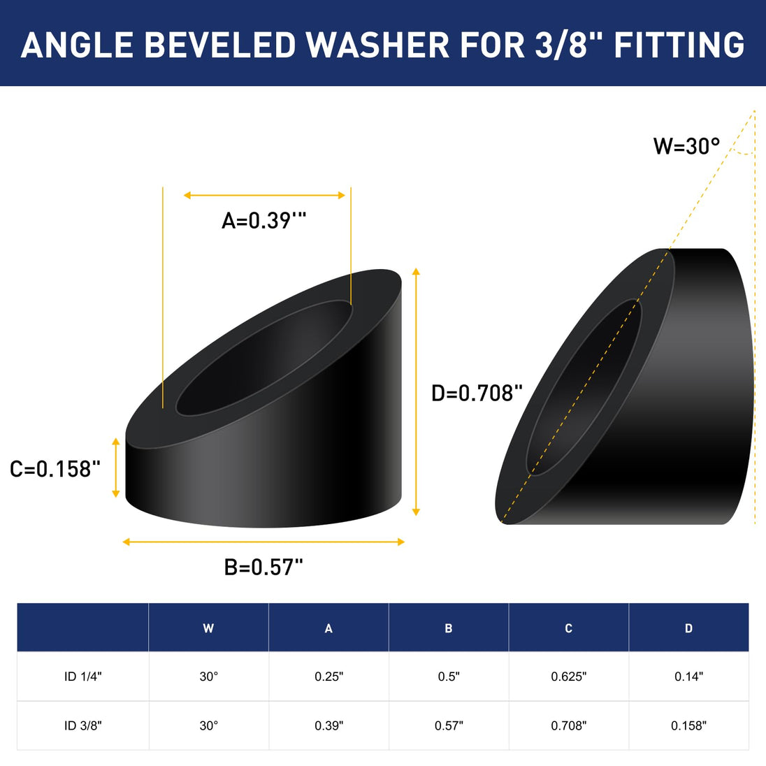 Detailed dimensions and size chart for the 3/8 inch inner diameter black 30 degree beveled washer.