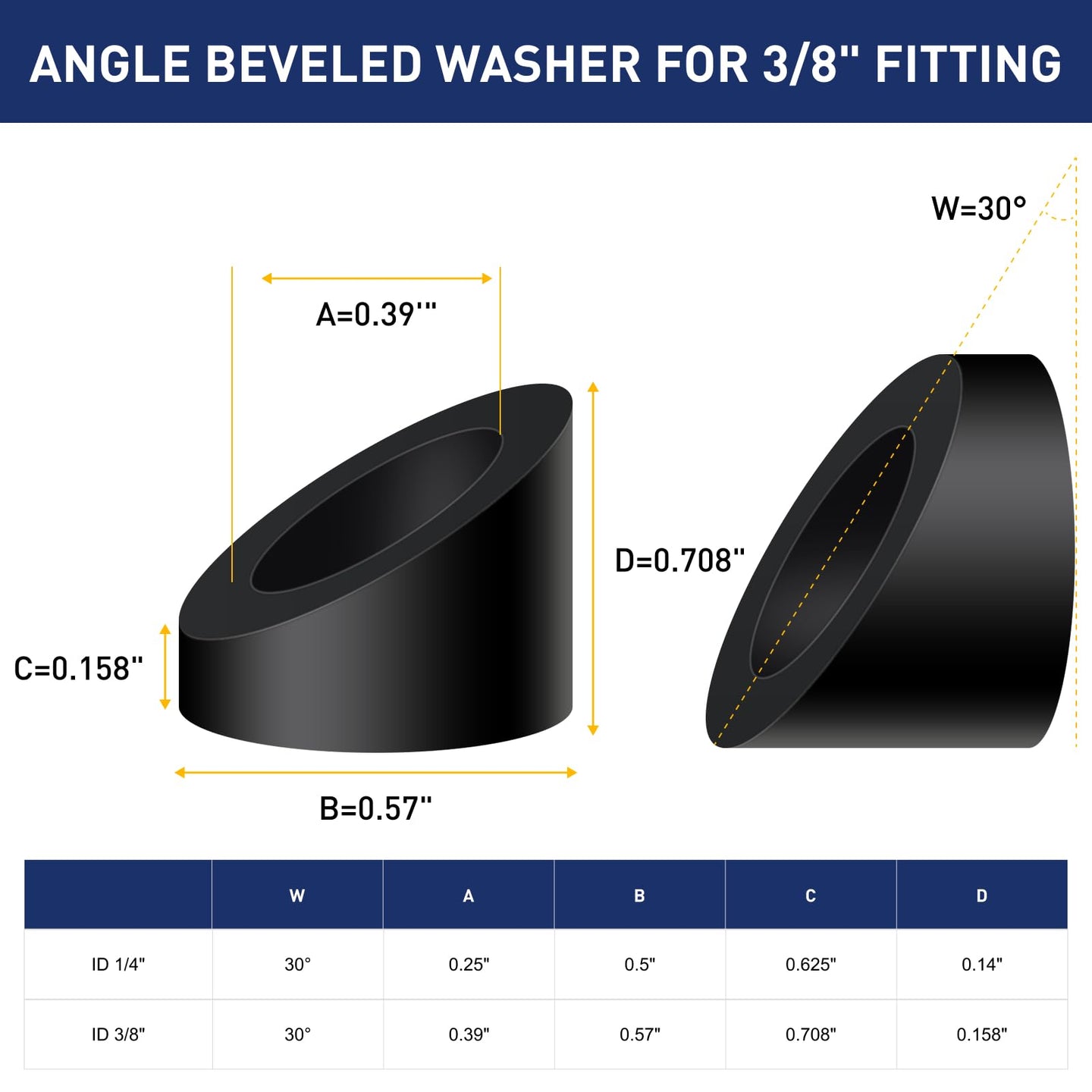 Detailed dimensions and size chart for the 3/8 inch inner diameter black 30 degree beveled washer.