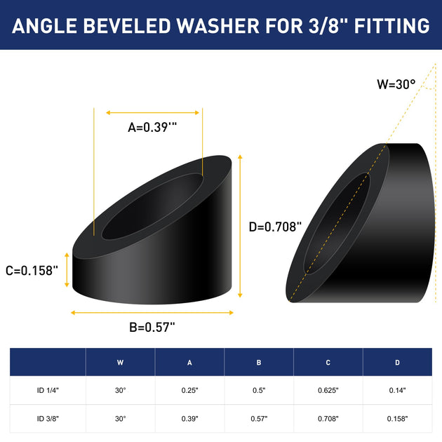 Detailed dimensions and size chart for the 3/8 inch inner diameter black 30 degree beveled washer.