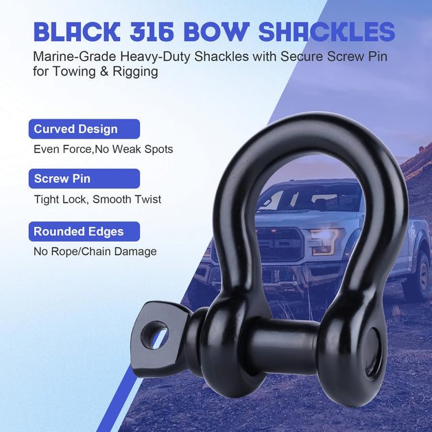 Key features of RiaYer black 316 bow shackles including curved design and secure screw pin for towing.