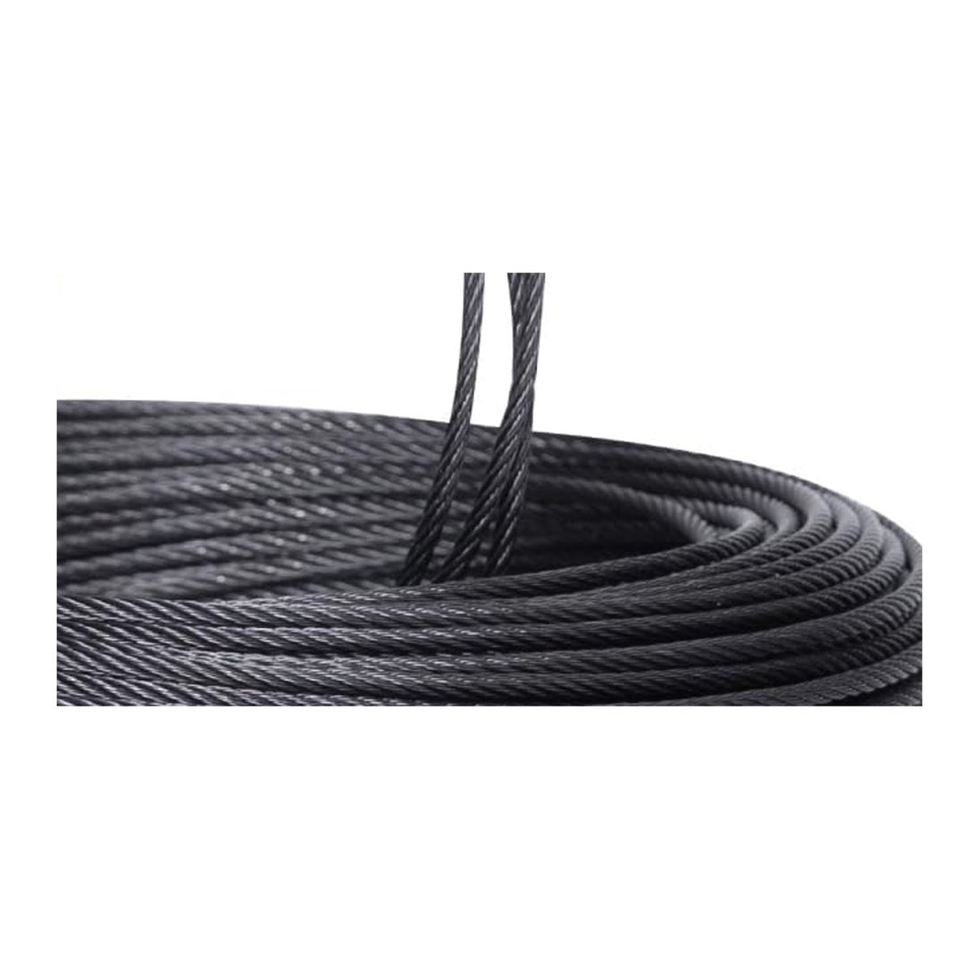 Close-up view of the black 7x7 construction stainless steel wire rope cable.