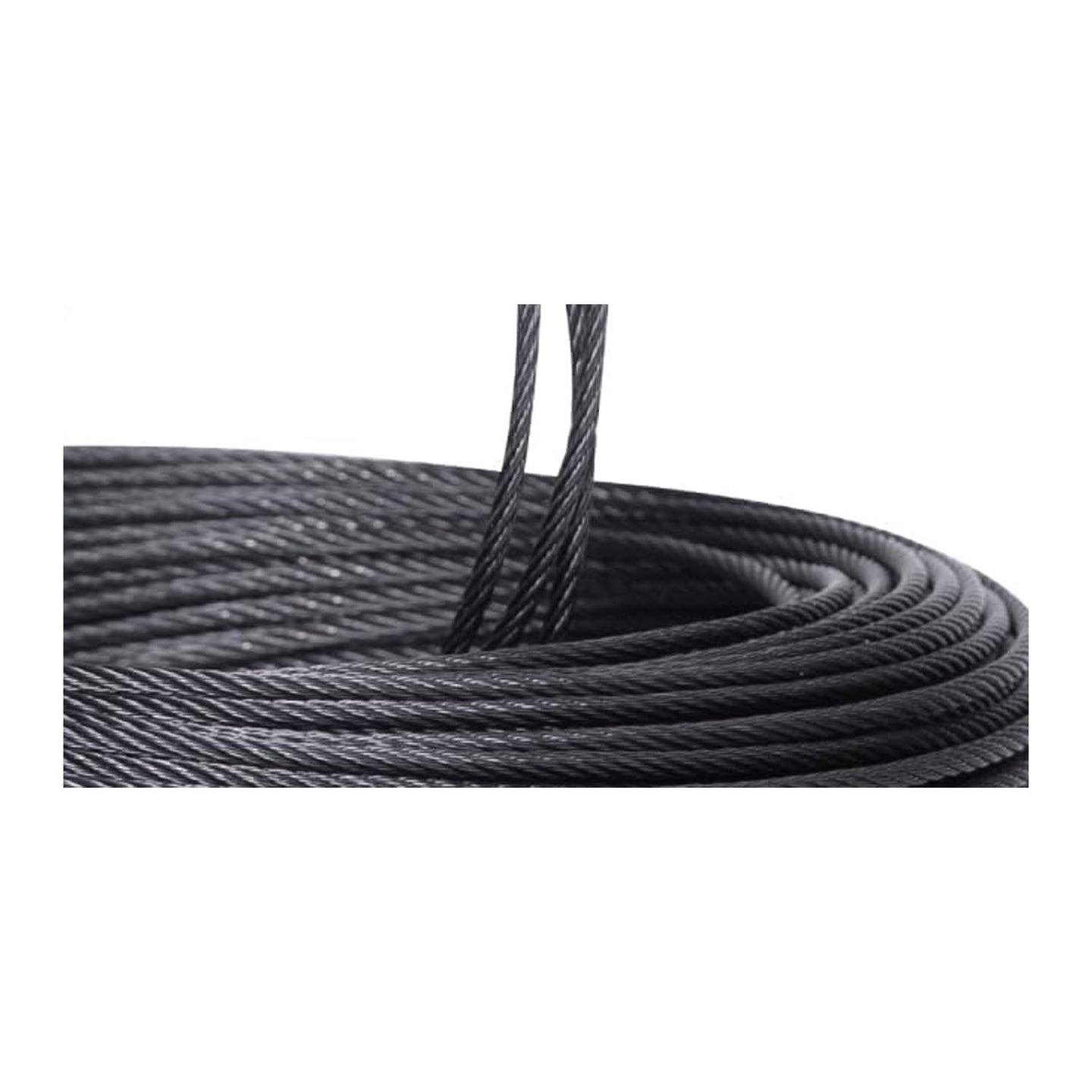 Close-up view of the black 7x7 construction stainless steel wire rope cable.