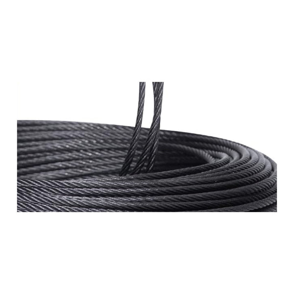 Close-up view of the black 7x7 construction stainless steel wire rope cable.