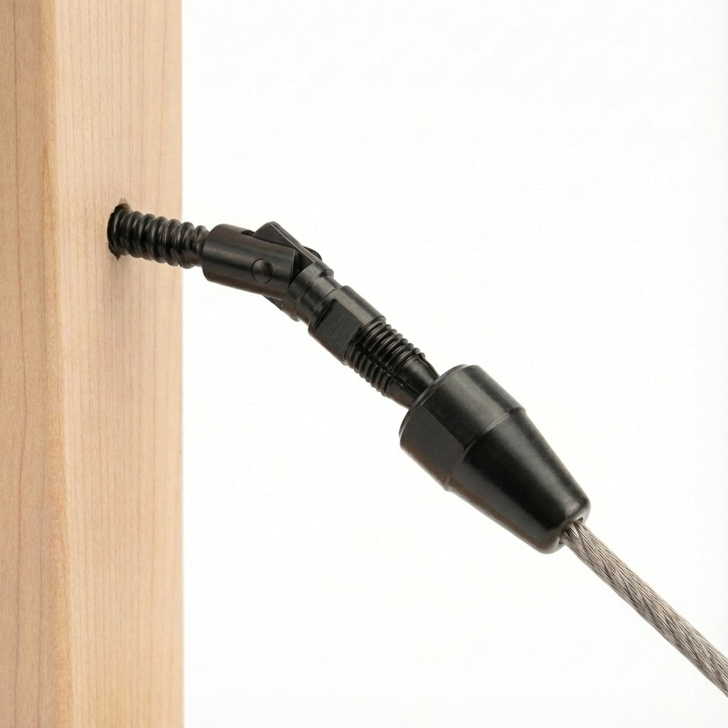 Black 0 to 180 degree adjustable cable railing terminal installed on wood stairs