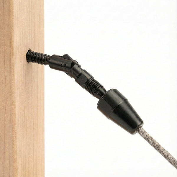 Black 0 to 180 degree adjustable cable railing terminal installed on wood stairs