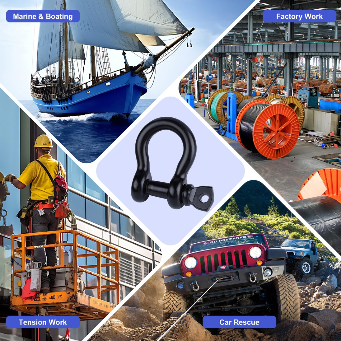 Versatile applications for RiaYer black anchor shackles including marine rigging, off-road recovery, and industrial lifting.