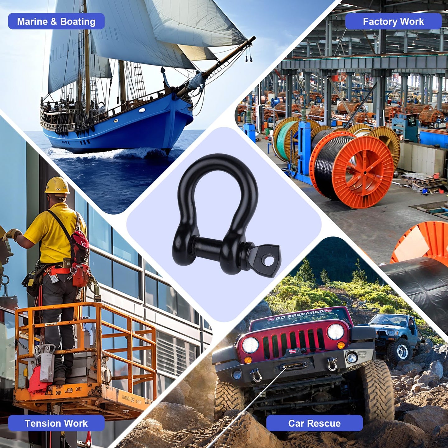 Versatile applications for RiaYer black anchor shackles including marine rigging, off-road recovery, and industrial lifting.
