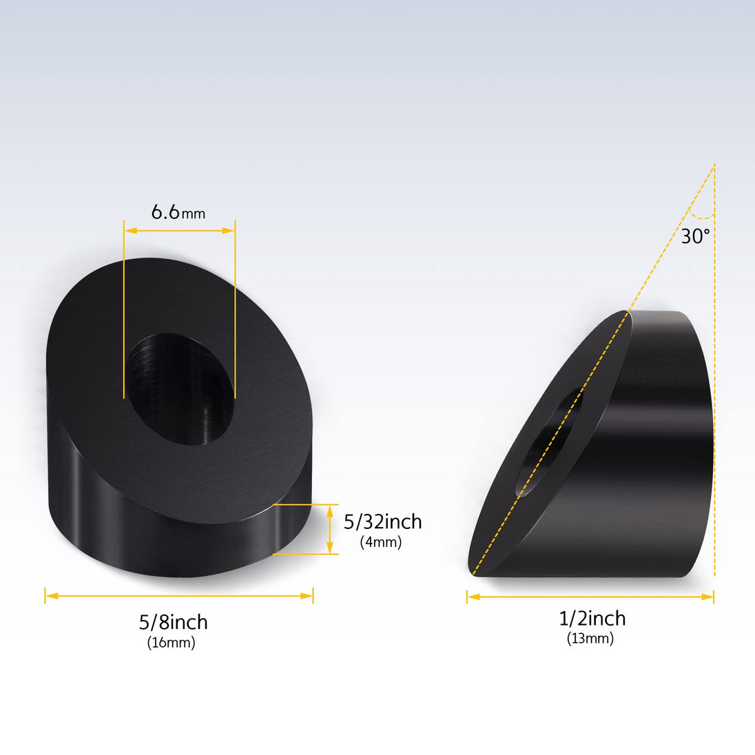 Dimensions and inner diameter options for RiaYer 30 degree black beveled washers.