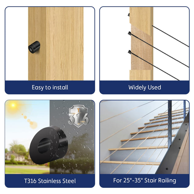 	RiaYer black T316 stainless steel beveled washer showing easy installation for 25 to 35 degree stair cable railings in all weather.