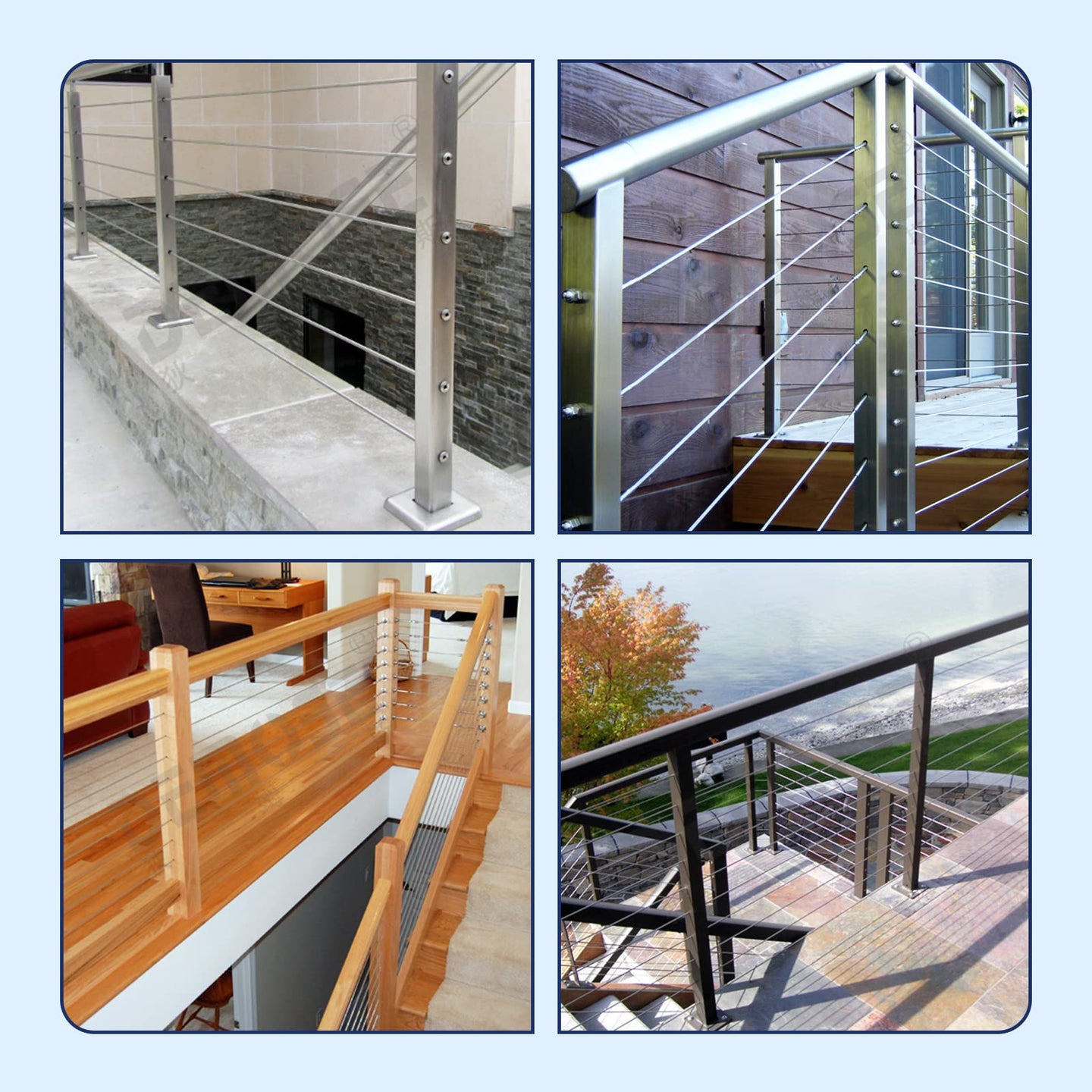 Versatile indoor and outdoor stair cable railing applications using RiaYer black beveled washers.