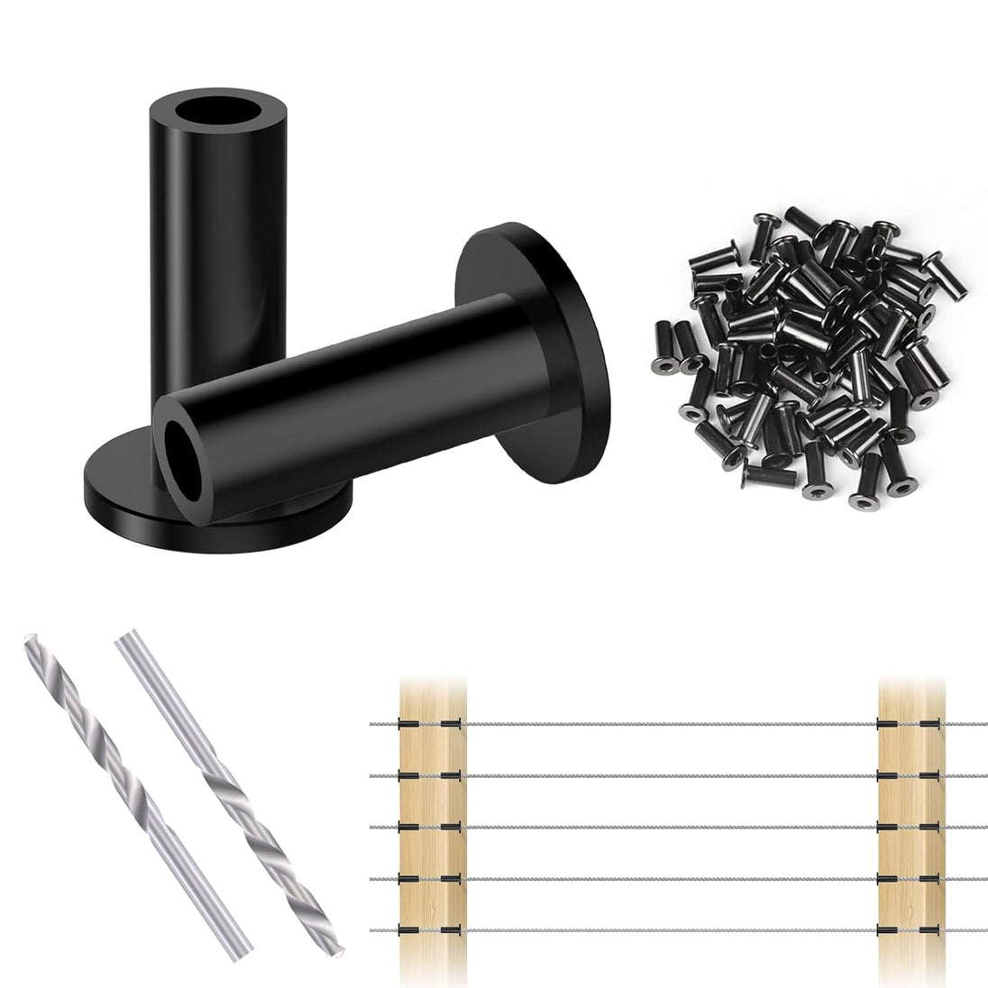 Kit of black T316 protective sleeves and drill bits for deck cable railing