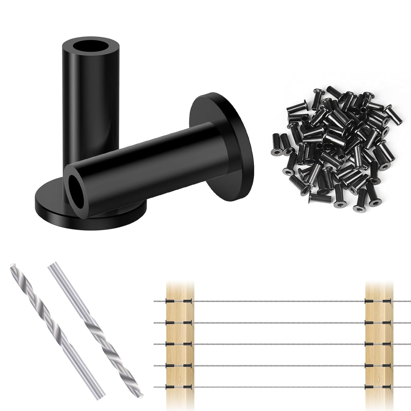Kit of black T316 protective sleeves and drill bits for deck cable railing