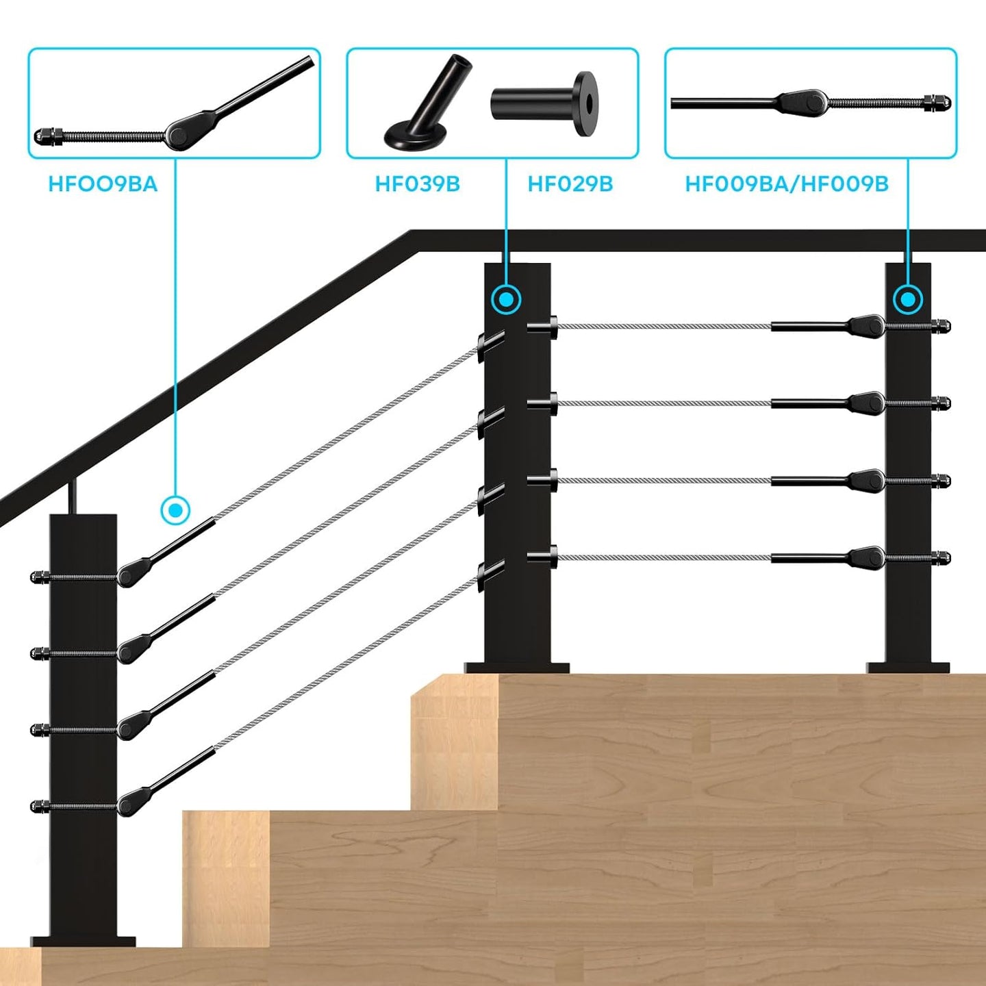 RiaYer black cable railing hardware installed on a modern wooden staircase.