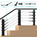 RiaYer black cable railing hardware installed on a modern wooden staircase.