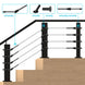 RiaYer black cable railing hardware installed on a modern wooden staircase.