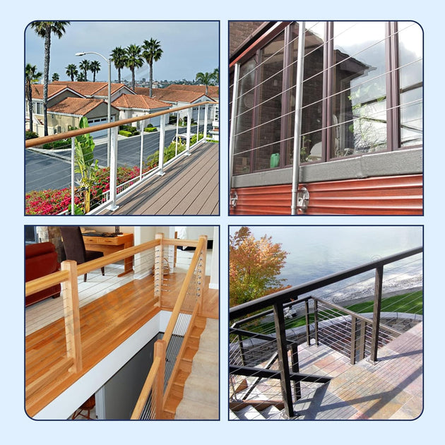 Application of black threaded stud tensioners on modern deck railing