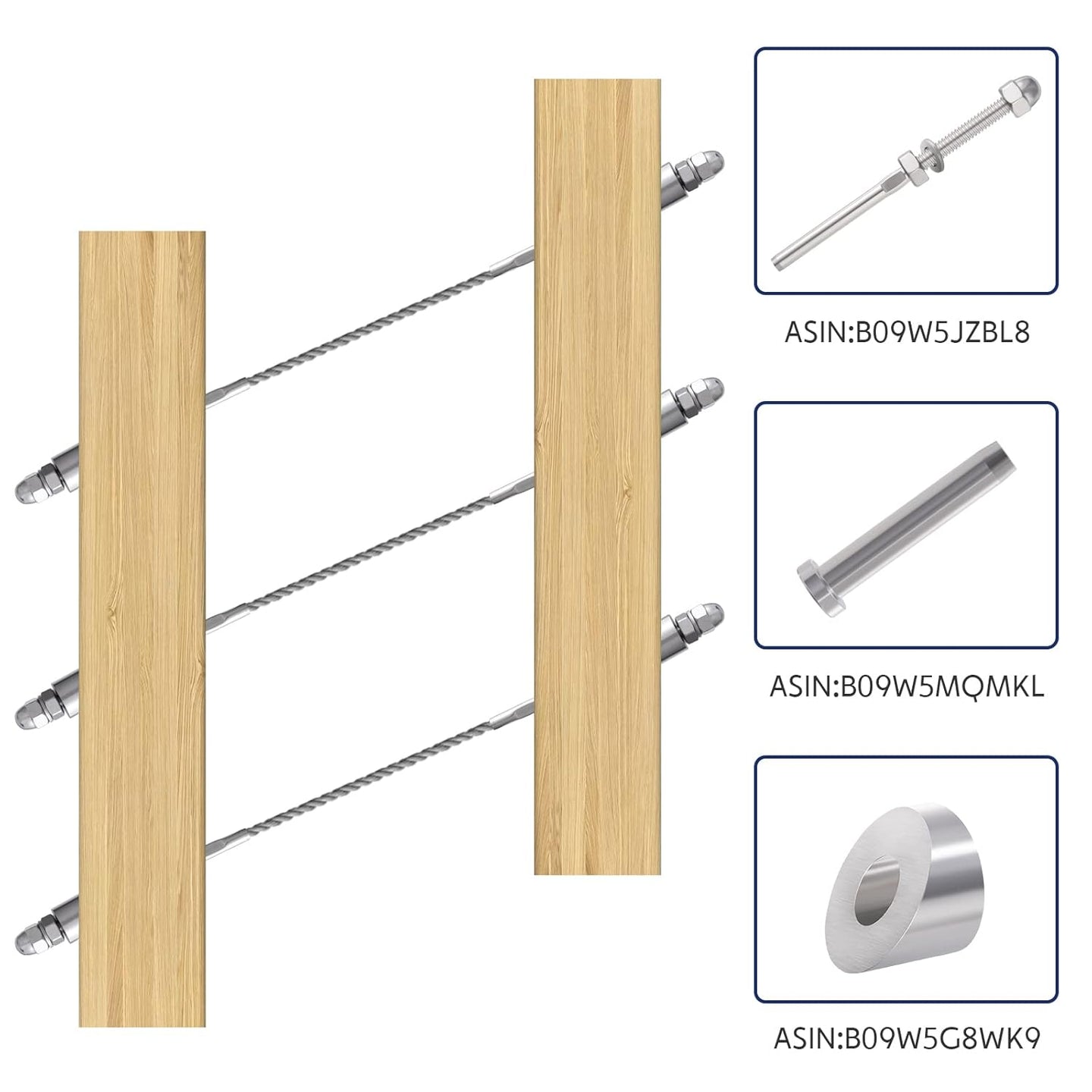 Components included with RiaYer black cable railing threaded stud hardware including washers and nuts.