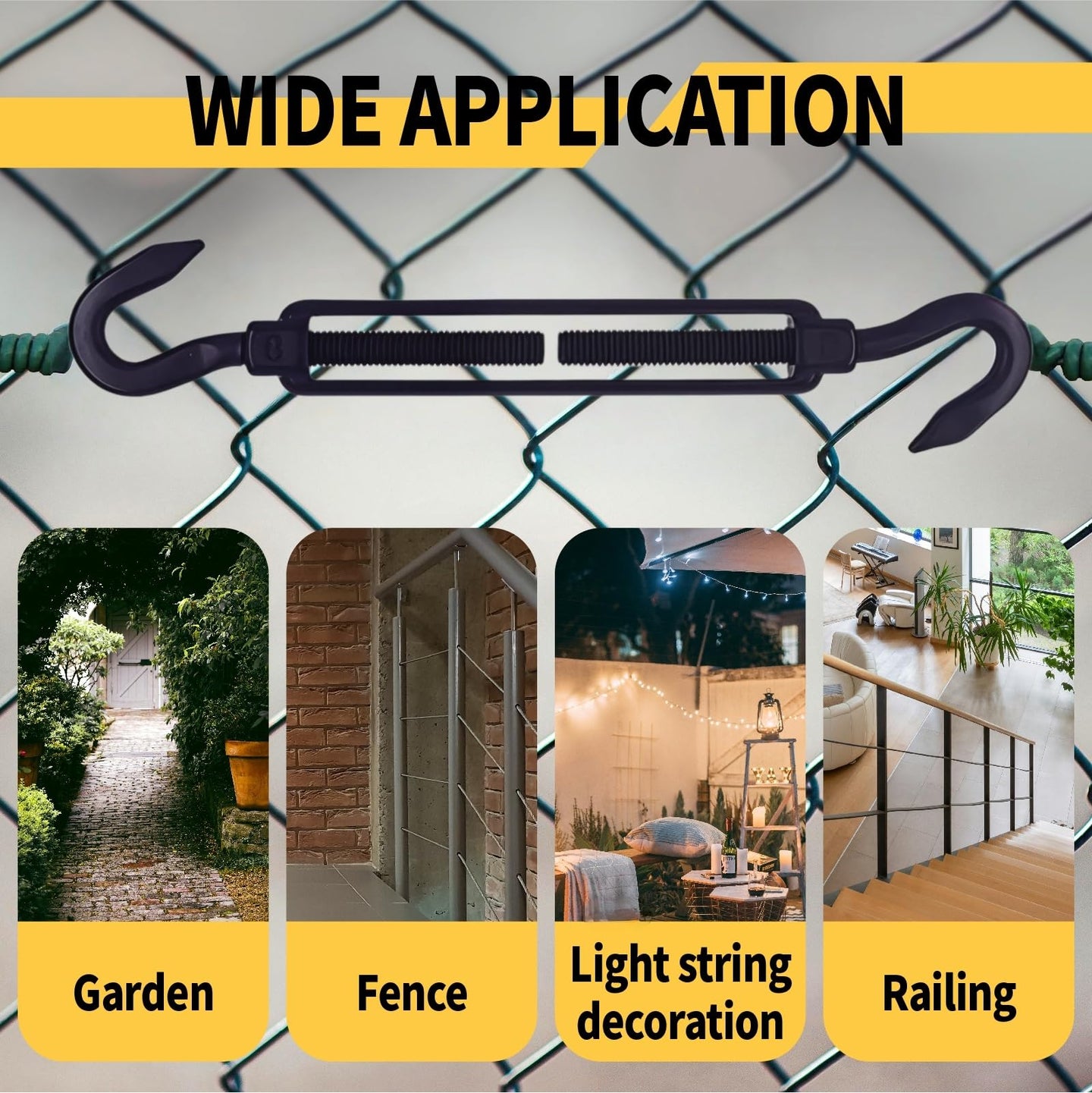 Black hook and hook turnbuckle used for tensioning outdoor string lights