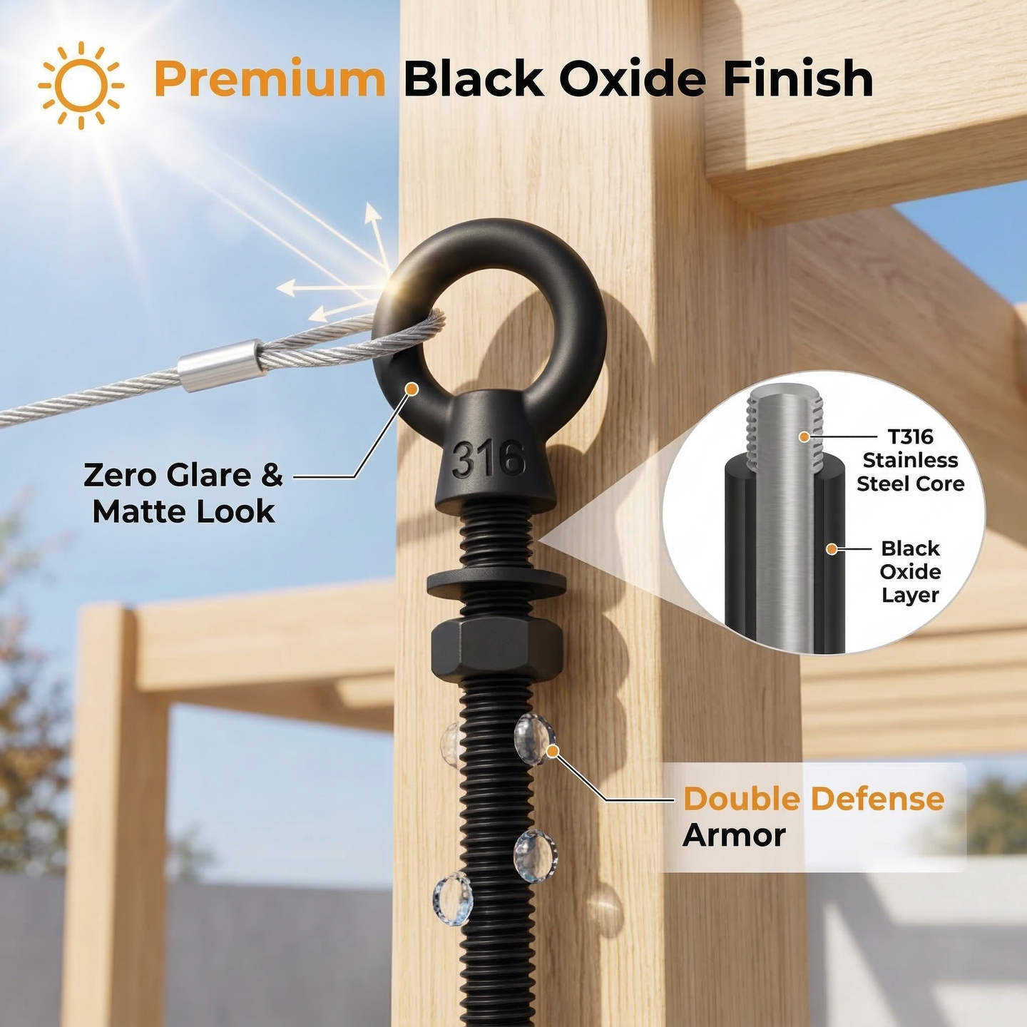 Application shot showing a premium black stainless steel eye bolt securely anchored to an outdoor wooden pergola post.