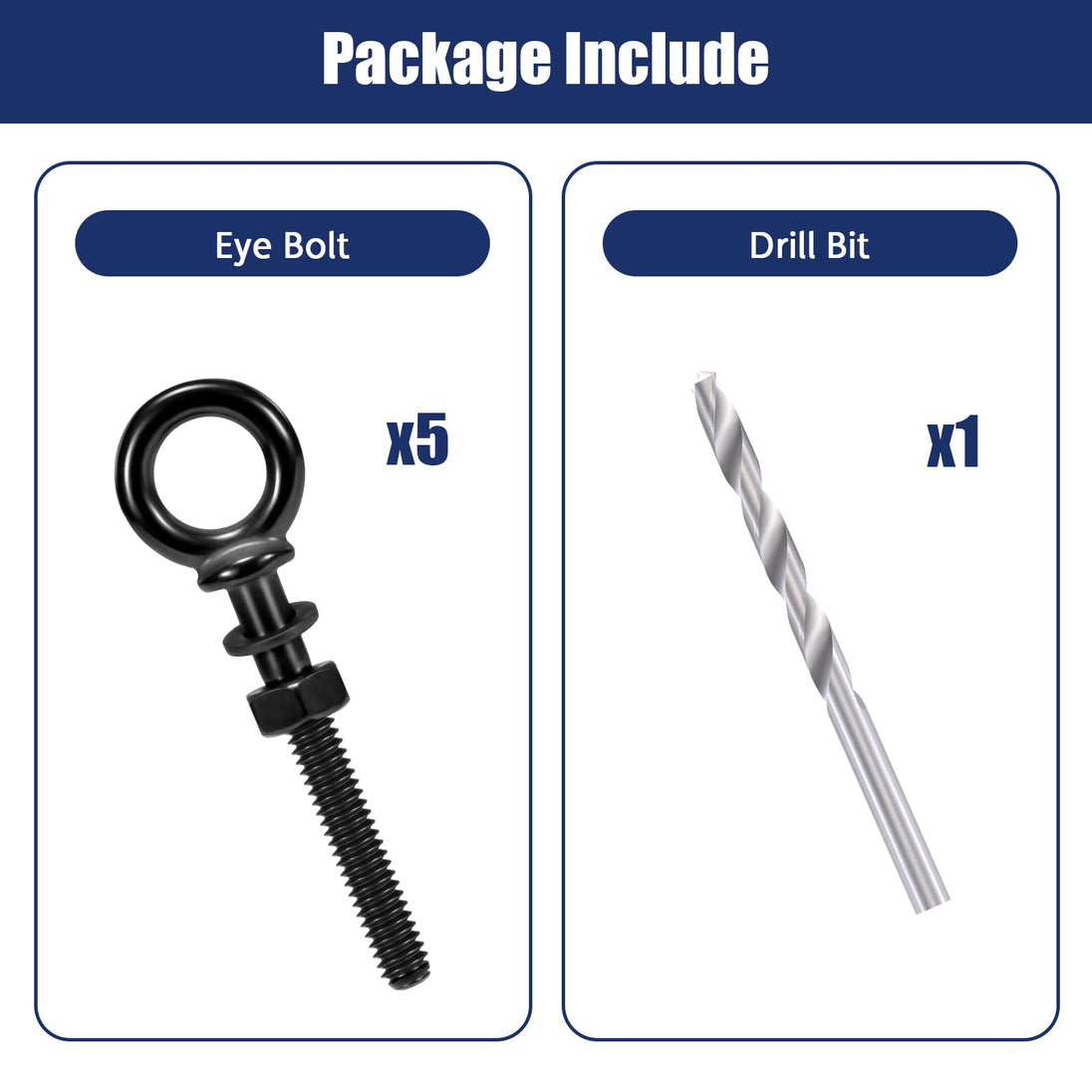 Package contents showing black eye bolts nuts washers and drill bit