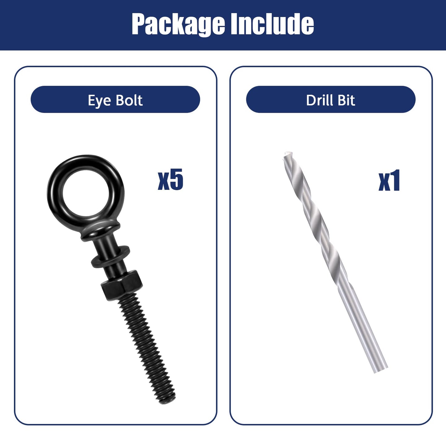 Package contents showing black eye bolts nuts washers and drill bit